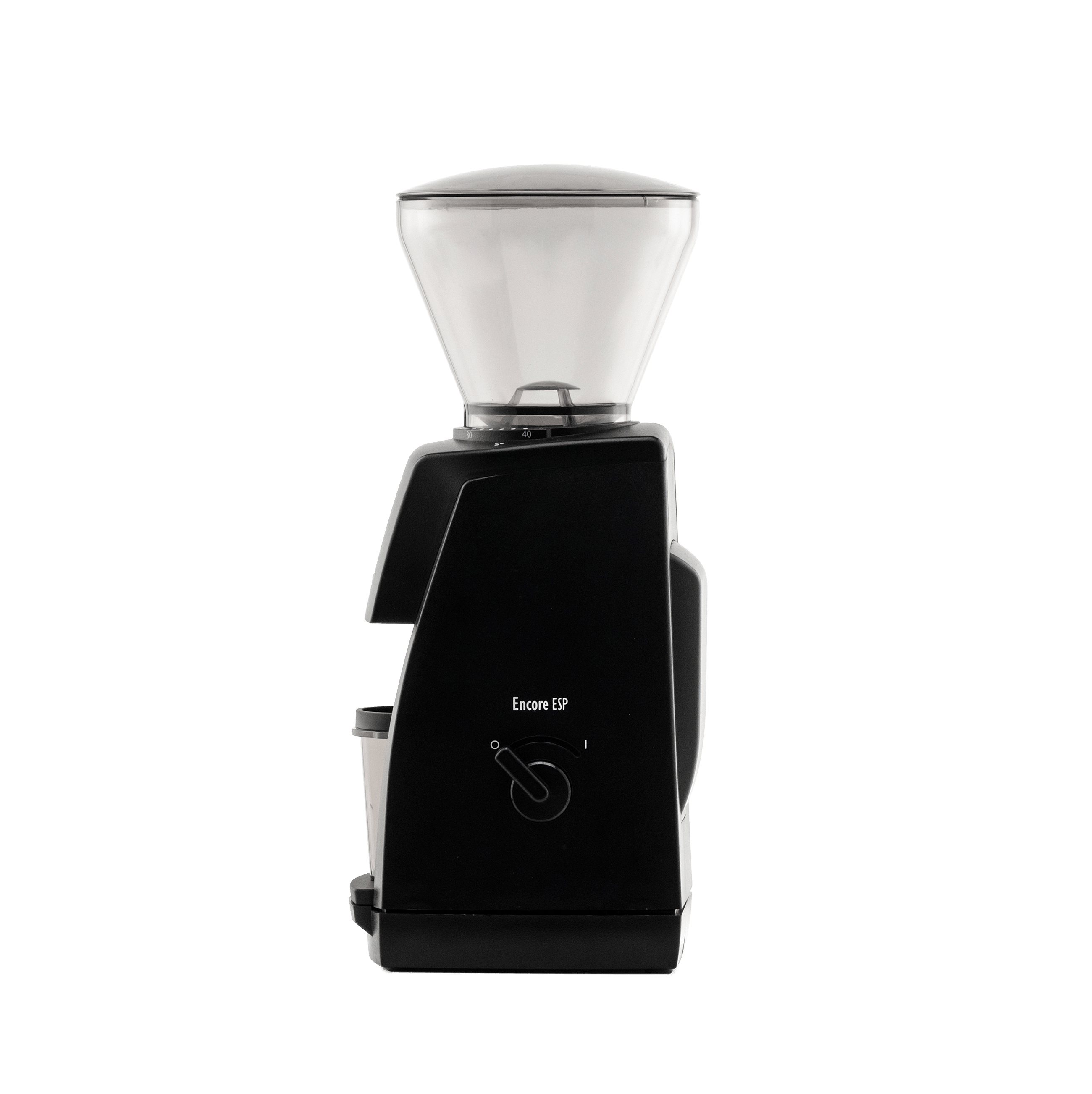 Black Baratza Encore ESP grinder viewed from the side