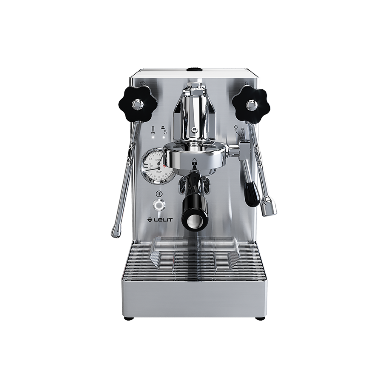 Lelit official front image of the current stainless MaraX PESMX02 with L58E group, dual manometer, lever and cool-touch wands