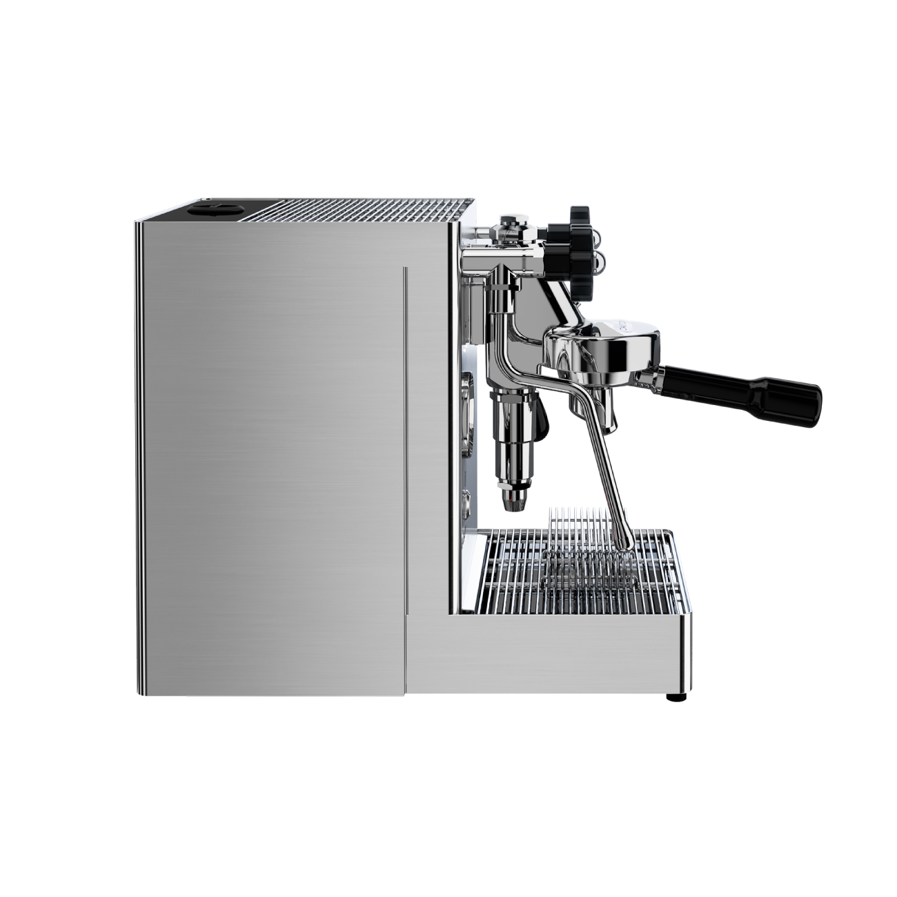 Lelit official side image of the current stainless MaraX showing the projecting L58E group, lever, cup rail and deep cabinet