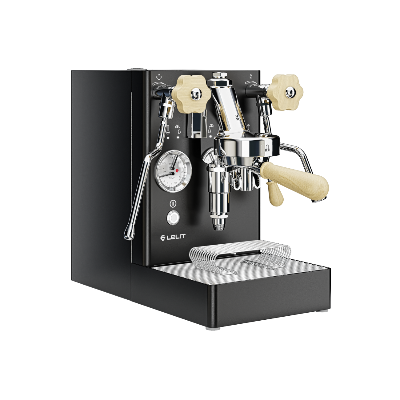 Lelit official three-quarter image of a black MaraX with maple controls, dual pressure gauge and cool-touch wands