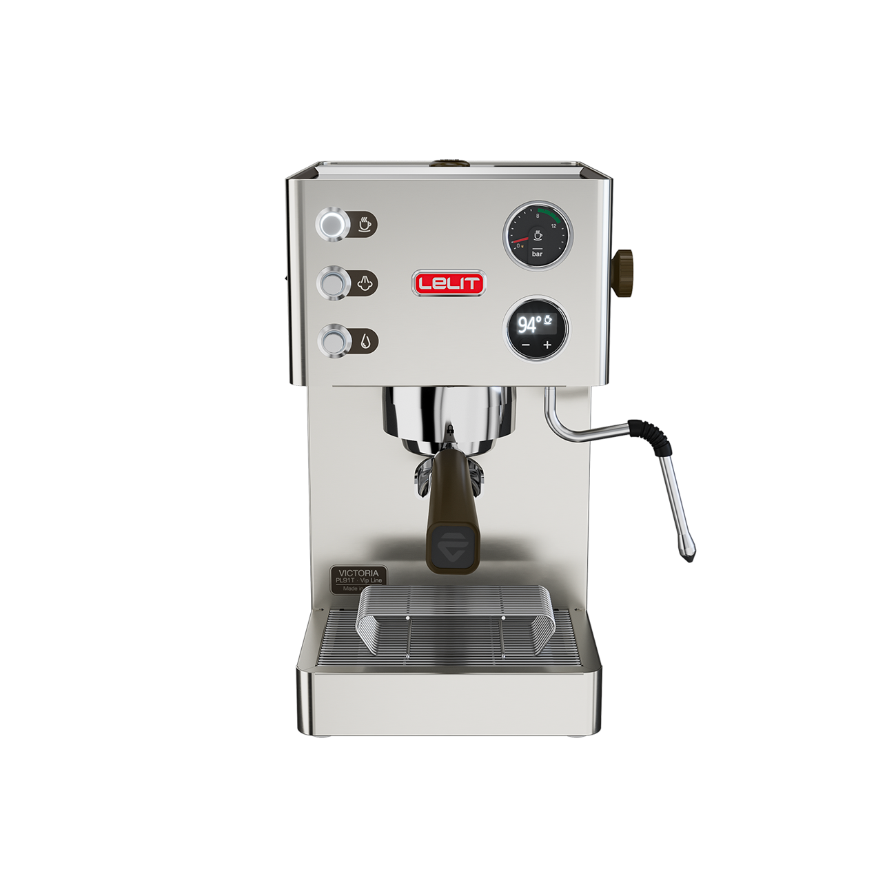 Lelit official front image of the current stainless Victoria PESVI01 with LELIT58 group, LCC display, manometer and steam wand