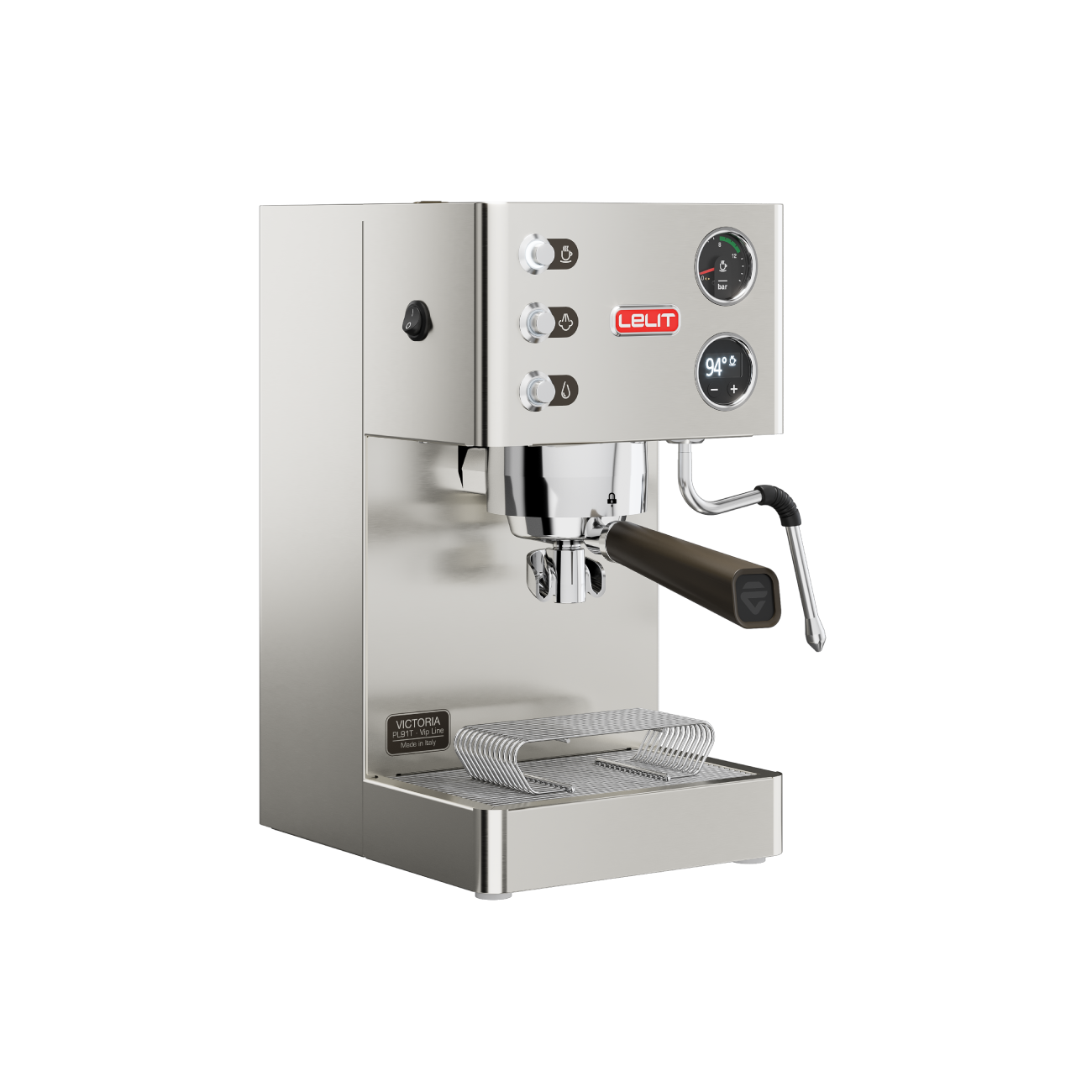 Lelit official three-quarter image of the current Victoria with LELIT58 filterholder, LCC display, backlit manometer and steam wand