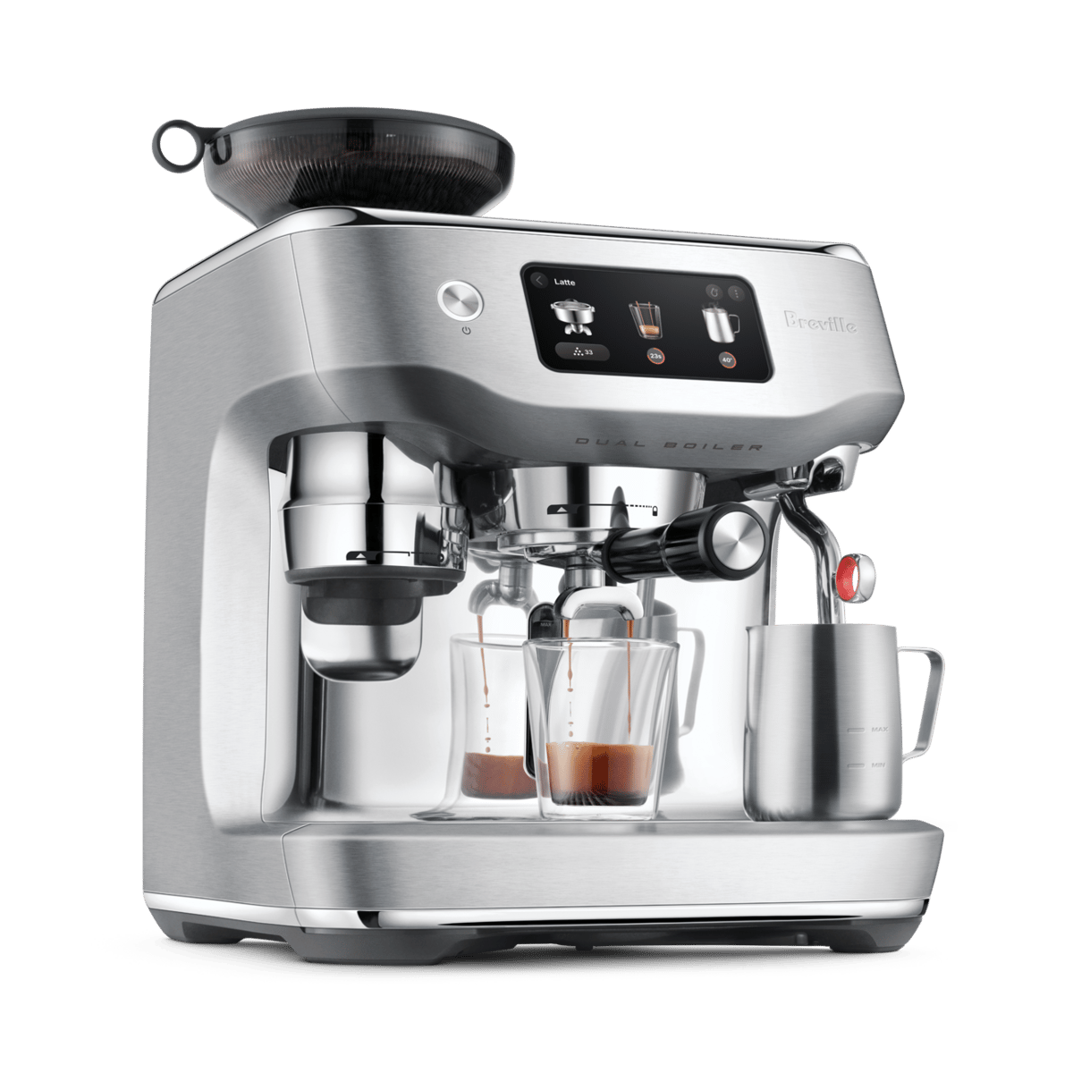 Breville official BES995 gallery angle showing the stainless body and integrated grinder