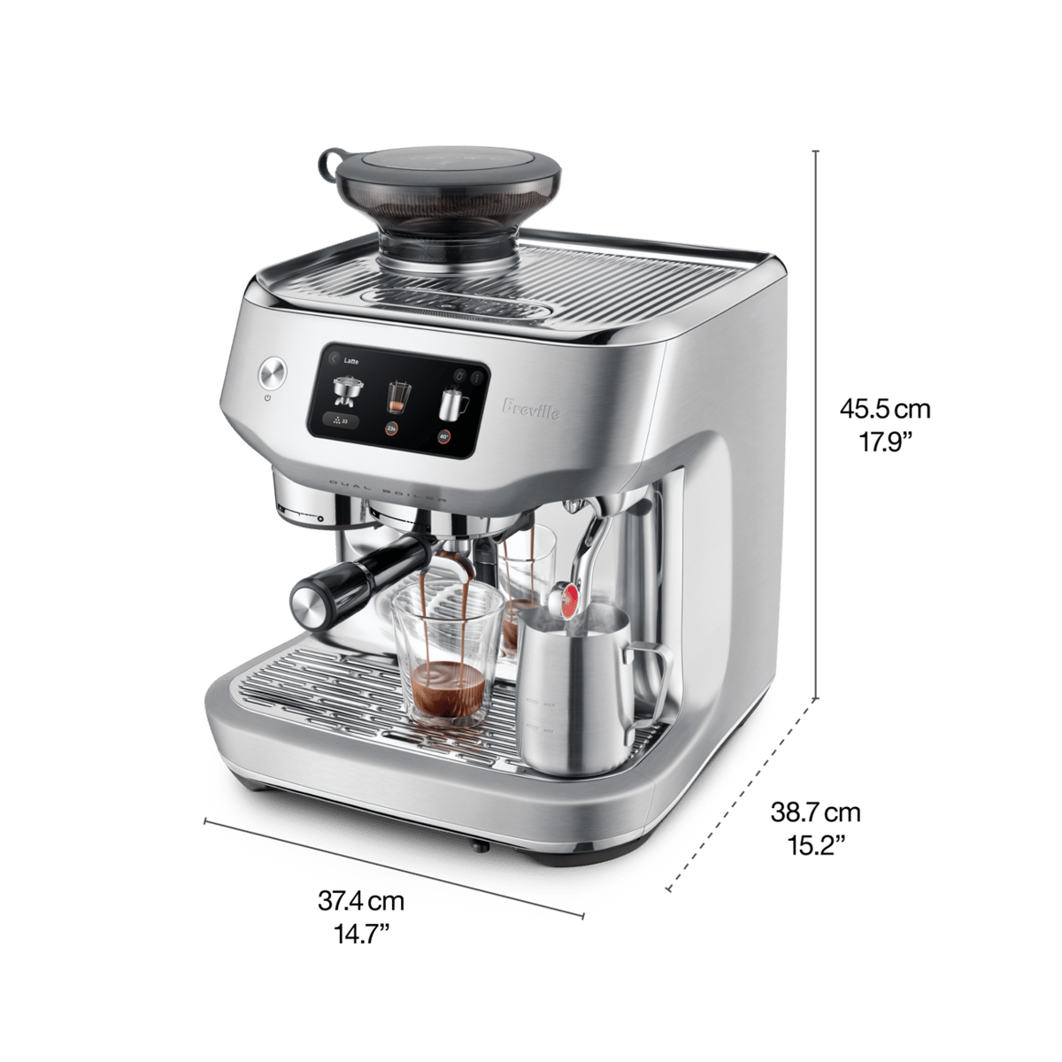 Breville official BES995 dimension diagram showing 14.7-inch width, 15.2-inch depth and 17.9-inch height labels