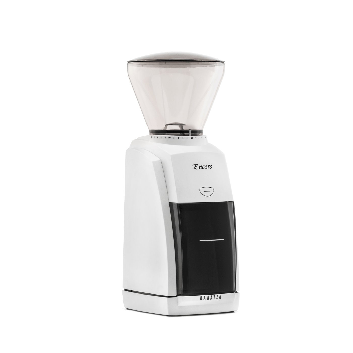 White Baratza Encore grinder three-quarter view
