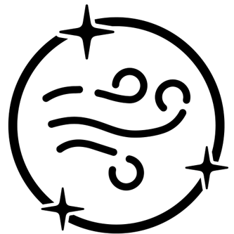 Flowing air icon surrounded by a circle and three stars