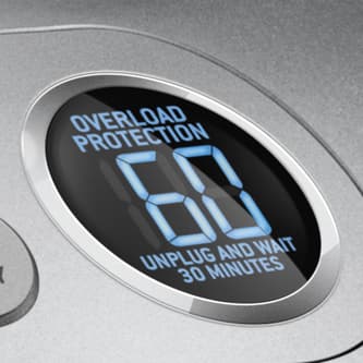 Display showing overload protection with unplug and wait 30 minutes prompt.