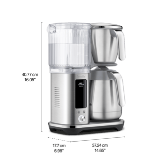 Three quarter angle image of the Luxe Brewer Thermal with dimensions