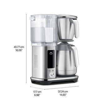 Three quarter angle image of the Luxe Brewer Thermal with dimensions
