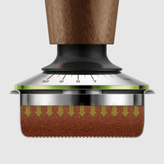 Cross-section of tamp evenly applying pressure to the coffee grounds