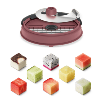 The dicing blade and diced pieces of veggies and fruits
