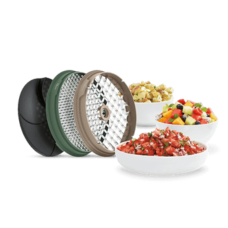 The 16mm and 8mm dicing attachments with diced meals in bowls
