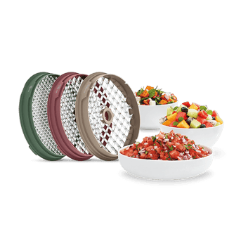 The 16mm and 8mm dicing attachments with diced meals in bowls
