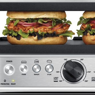 the BBQ Press and Grill  in Brushed Stainless Steel one-touch presets