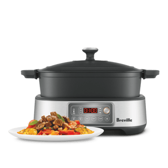 The Ultimate Cook™ 6 in 1 with plate of beef and cooked veggies