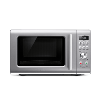 Front view of microwave with indicator buttons.