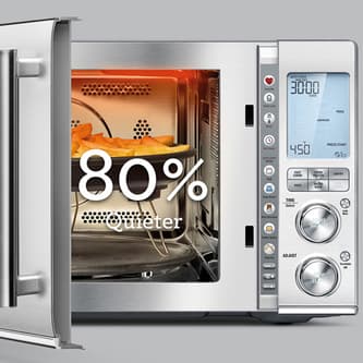Front view of microwave with door opens that opens softly.