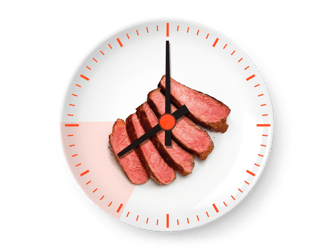 Red meat on white plate that resembles a clock
