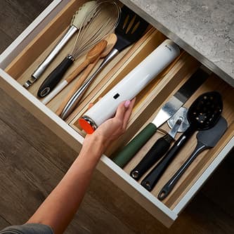 The Joule Turbo Sous Vide stored in a kitchen drawer