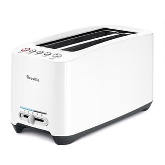 Angled view of toaster displaying buttons.