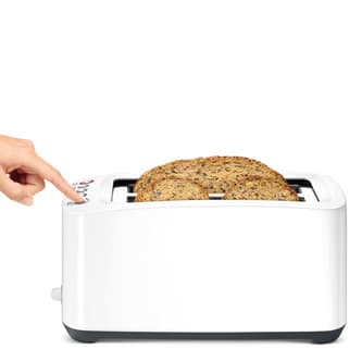 Side view of toaster with toast lowered by pressing a button.