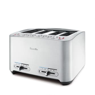 Angled view of 4 slot toaster with variable control sliders and buttons.