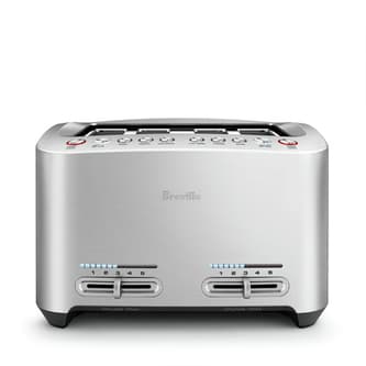 Front view of 4 slot toaster with LED indicators and slide controls.