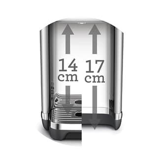 Machine with the tray on (14cm height) and off (17cm height)