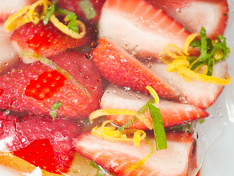 A close-up of fresh, cut strawberries.