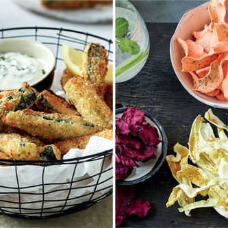 Dishes, such as baked zucchini, prepared in the oven.