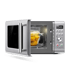 Microwave door open showing bowl of cooked sweetcorn.